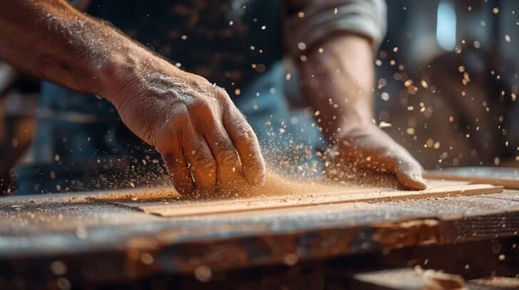 Master craftsman carefully working on a piece of wood in a workshop.